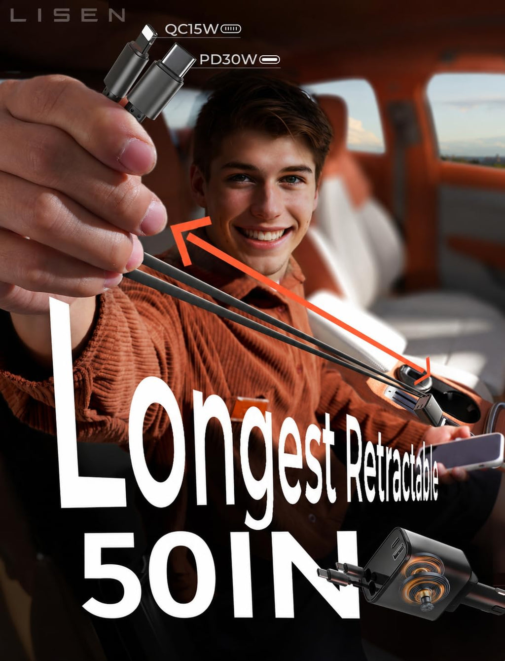 LISEN Retractable Car Charger, 84W Car Charger USB C Fast Charge,4 in 1