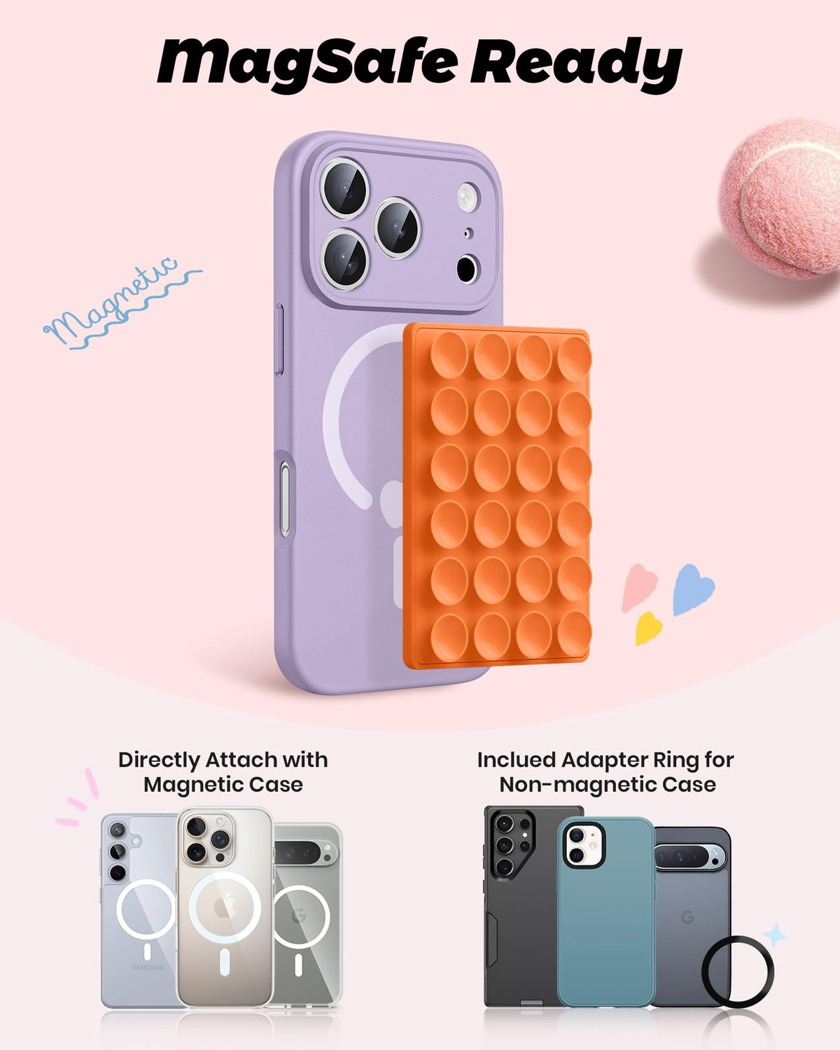 amBand Magnetic Sticky Phone Suction Grip for MagSafe, Removable for Wireless Charging, Durable Magnet Silicone Portable Mount Stand for iPhone 18 17 16 15 14 13 Series, Hands-Free Video/Selfie, Black