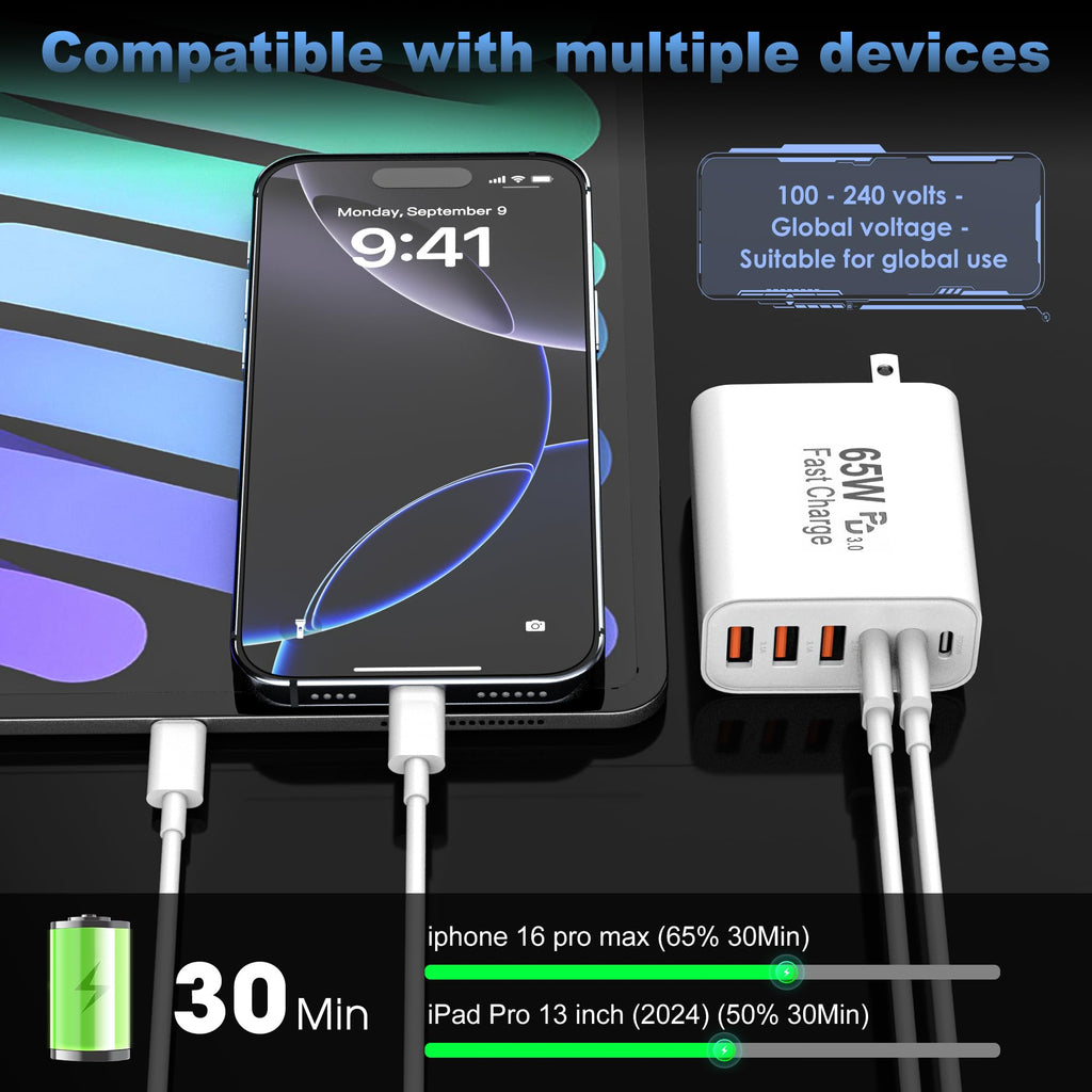 65W USB C Charger Block,6-Port Multi Device Fast Charger PD QC Wall Adapter