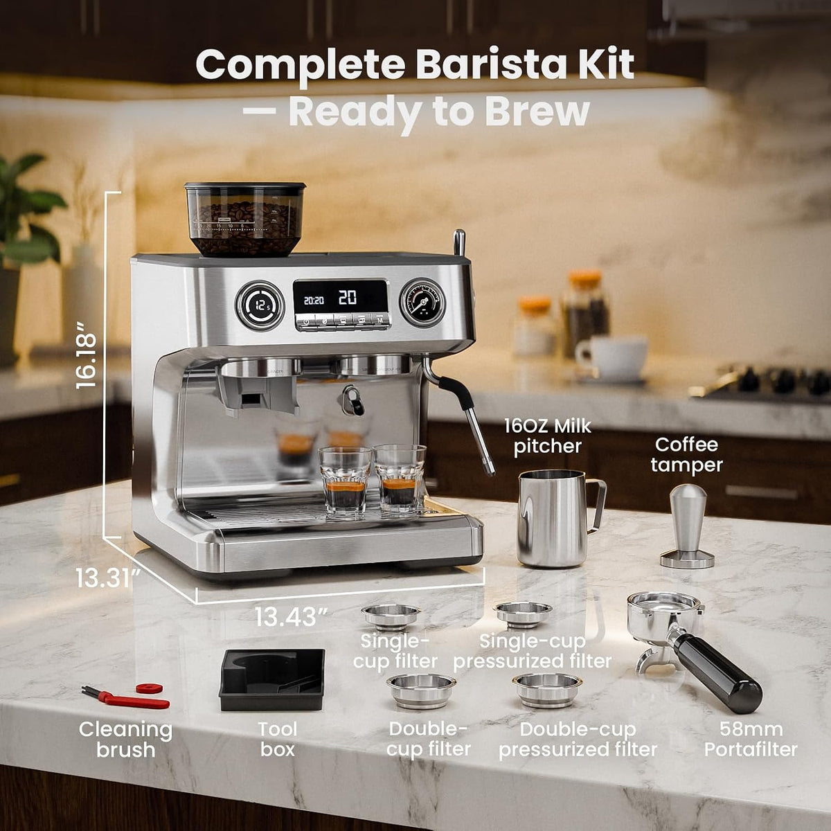 Kismile 20 Bar Dual Boiler Espresso Machine with Grinder & Milk Steamer