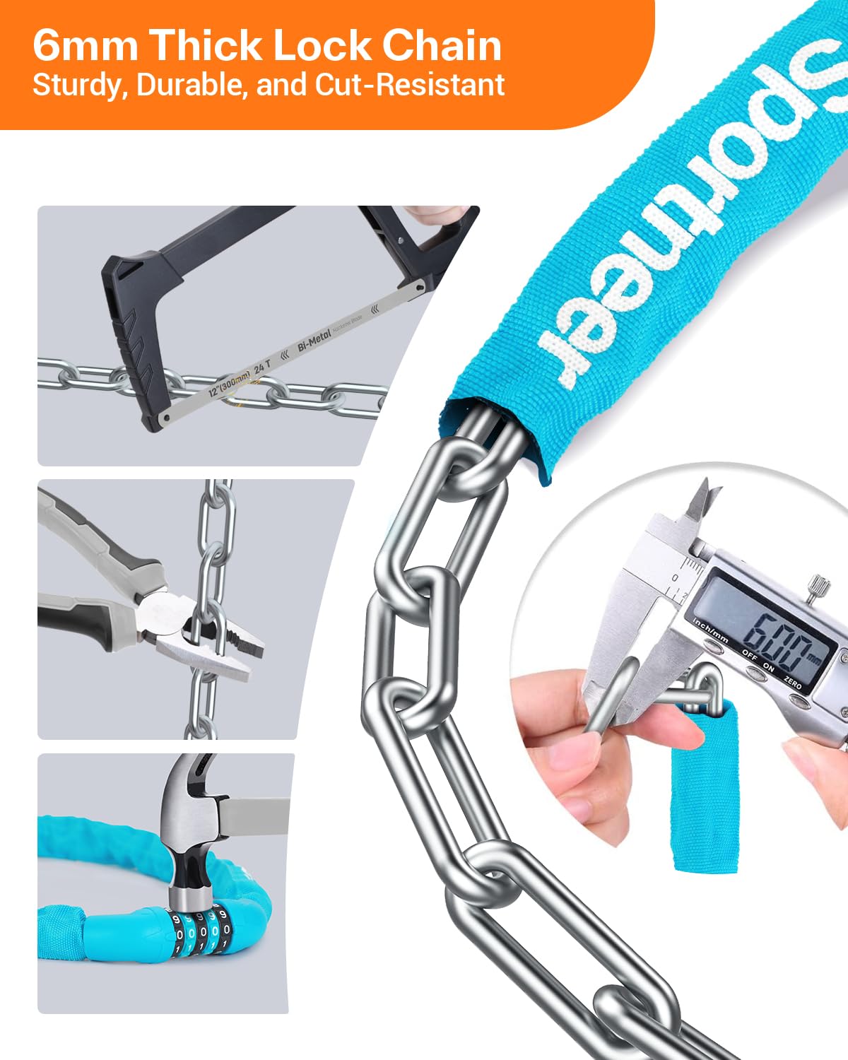 Sportneer Bike Lock: 5 Digit Combination High Security Anti Theft Bike Chain Lock - 3.2/3.6/4ft Heavy Duty Keyless Bicycle Lock for Bike, Motorcycle, Scooter, Door & Gate - 4/6mm Thick, Easy to Use