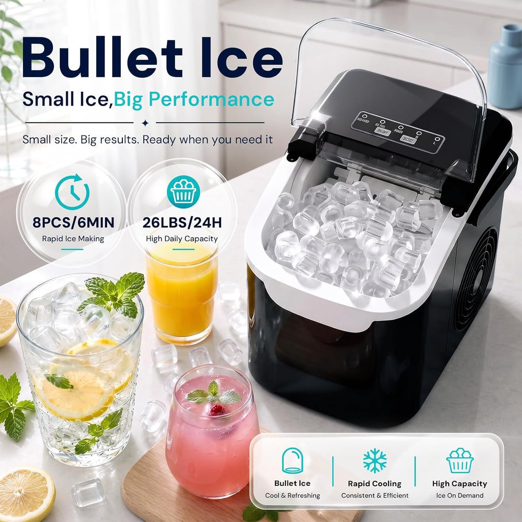 Kismile Countertop Ice Maker Machine, 26Lbs/Day Fastest 6‑Min Ice, Black