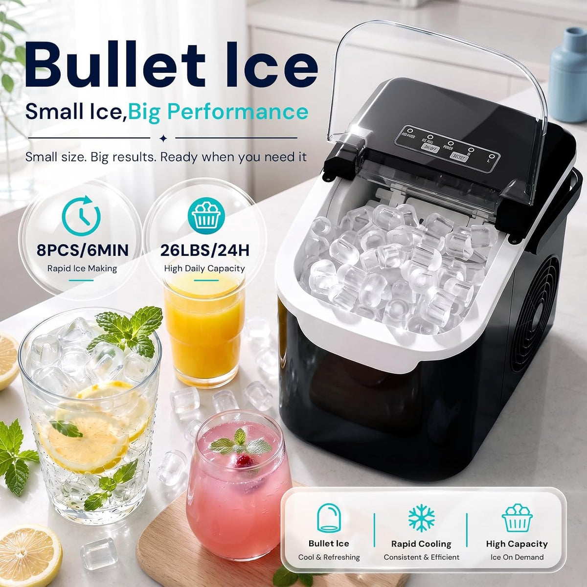 Kismile Countertop Ice Maker Machine, 26Lbs/Day Fastest 6‑Min Ice, Black