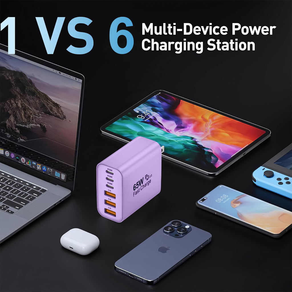 65W USB C Charger Block,6-Port Multi Device Fast Charger PD QC Wall Adapter