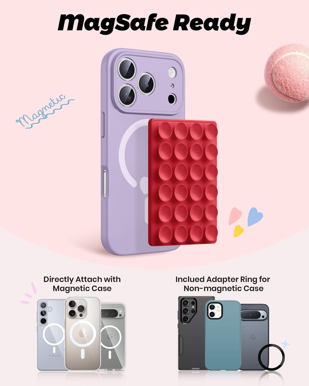amBand Magnetic Sticky Phone Suction Grip for MagSafe, Removable for Wireless Charging, Durable Magnet Silicone Portable Mount Stand for iPhone 18 17 16 15 14 13 Series, Hands-Free Video/Selfie, Black