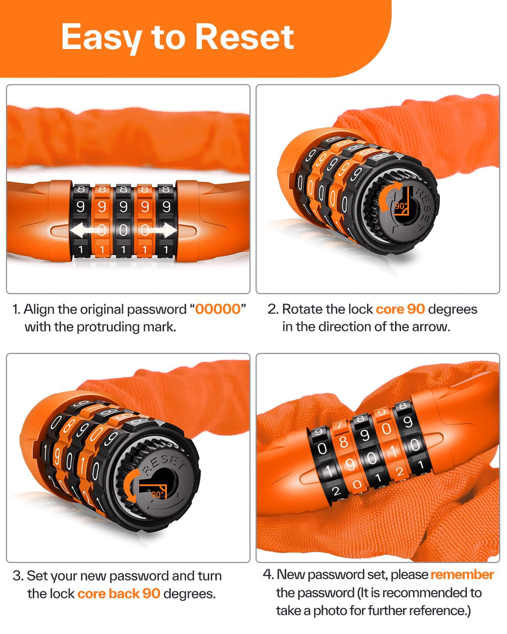 Sportneer Bike Lock: 5 Digit Combination High Security Anti Theft Bike Chain Lock - 3.2/3.6/4ft Heavy Duty Keyless Bicycle Lock for Bike, Motorcycle, Scooter, Door & Gate - 4/6mm Thick, Easy to Use