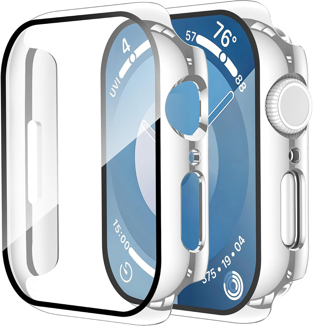 Smiling 2 Pack Case Compatible with Apple Watch Series 9/8/7 41mm with Tempered Glass Screen Protector, Hard PC Case Overall Protective Cover- 1 Silver + 1 Transparent