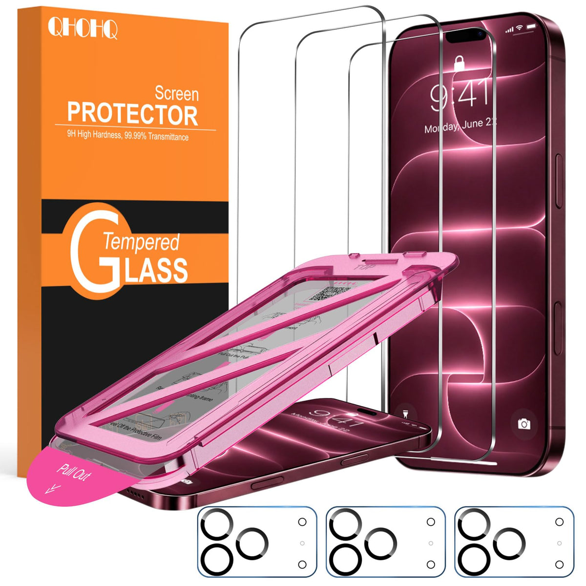 QHOHQ for iPhone 18 Pro Screen Protector, 9H+ Tempered Glass, 3+3 Pack