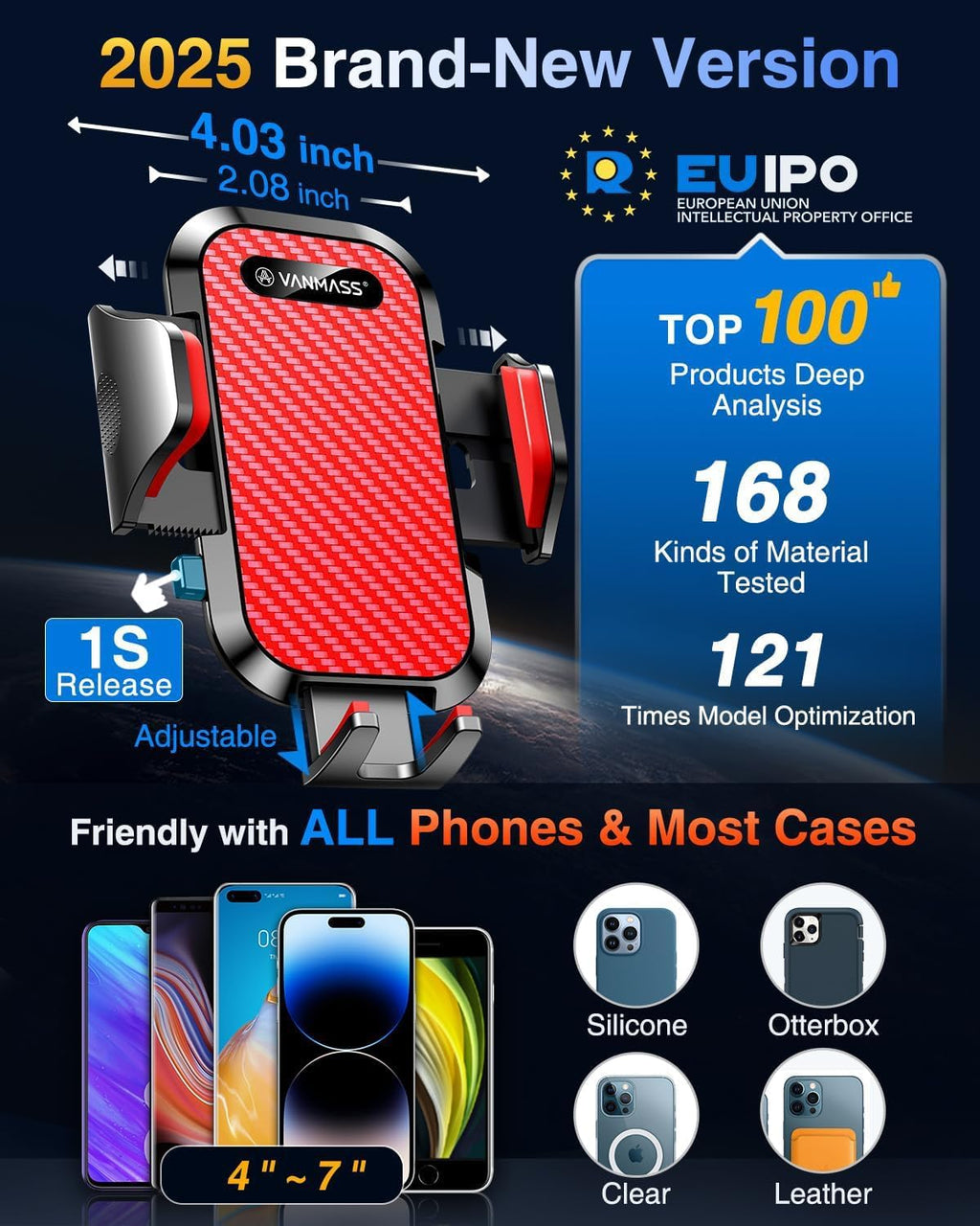 VANMASS Car Phone Holder 2026 Ultimate Military-Grade Strongest Suction & Clip Windshield Dashboard【Newest Best Strongest】 Cell Phone Automotive Dash Gauge Accents for iPhone 18 Pro Max 17 16 15 14