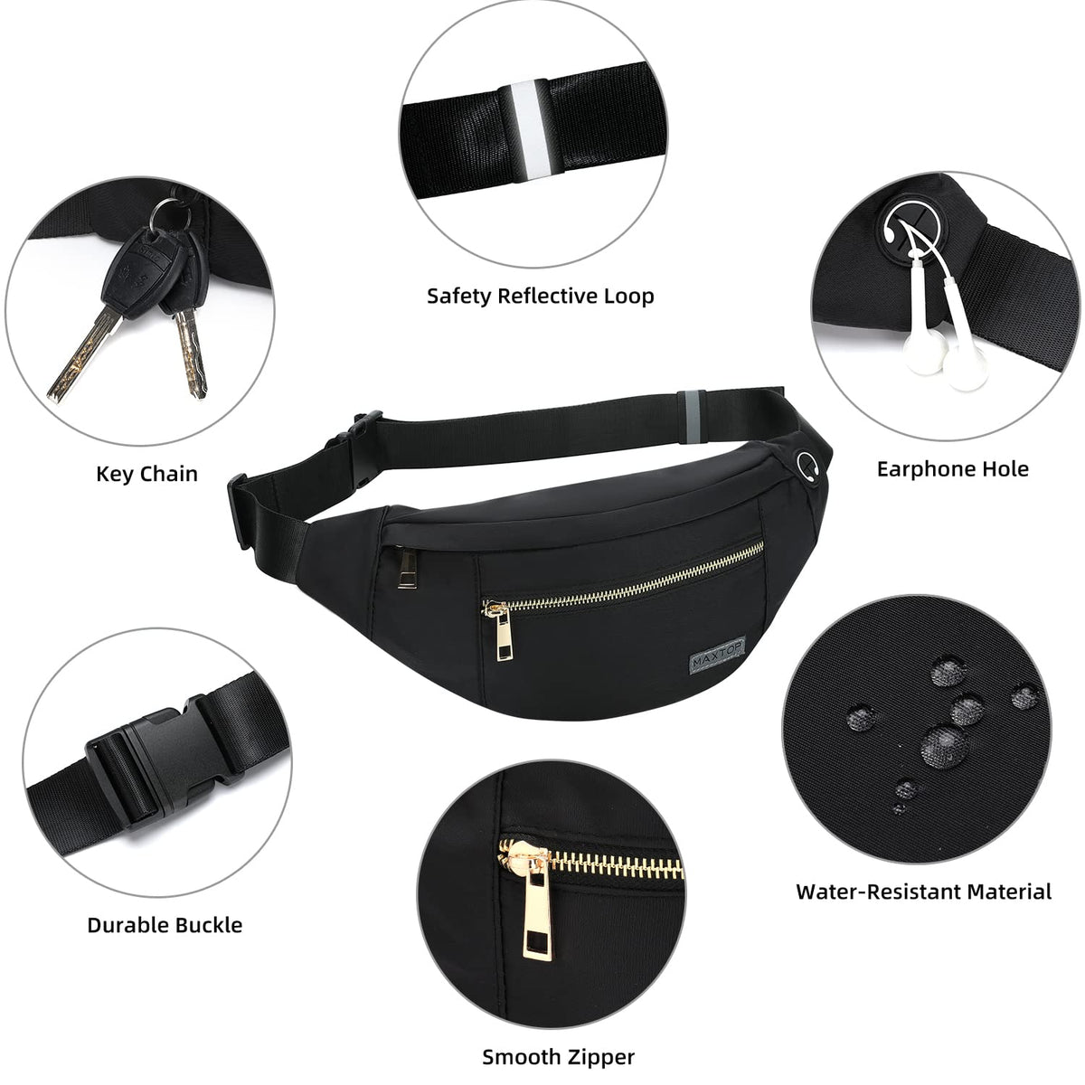 MAXTOP Large Fanny Pack for Women Men Crossbody Bag with 4-Zipper Pockets