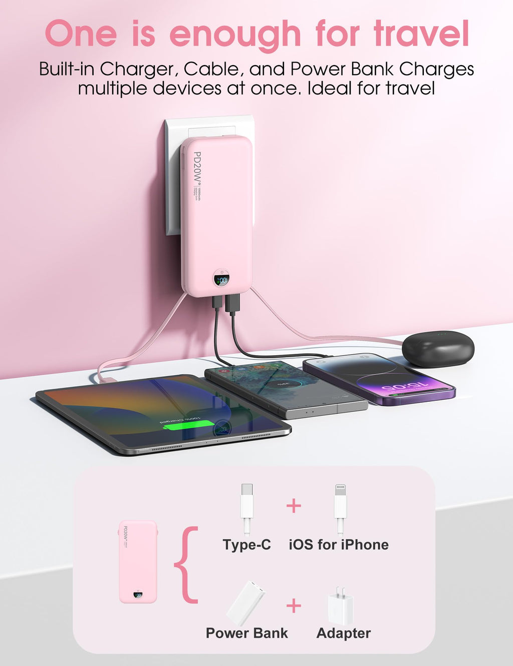 citicr Portable Charger 10000mAh PD20W w/Built-in Cables & Wall Plug Purple