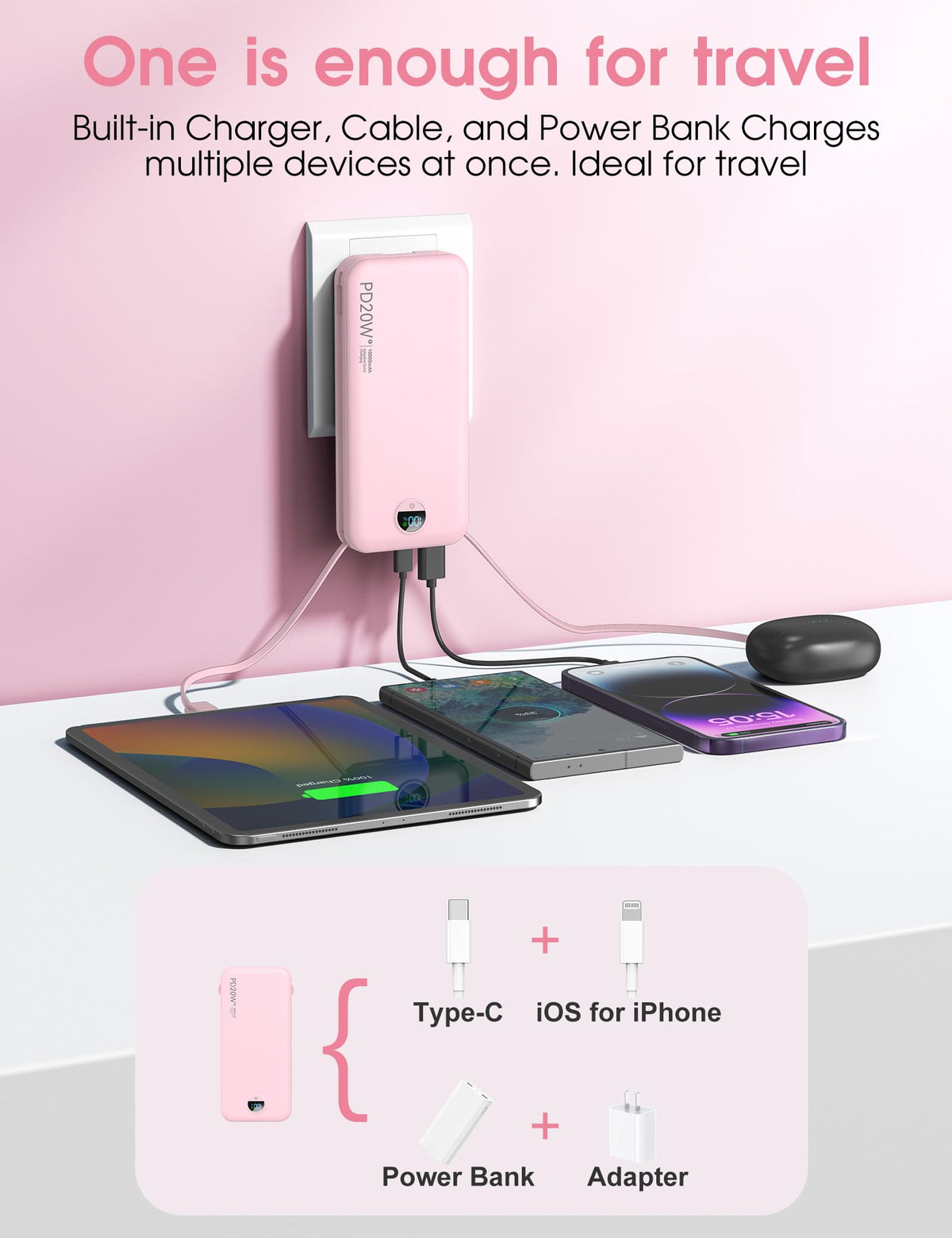 citicr Portable Charger 10000mAh PD20W w/Built-in Cables & Wall Plug Purple
