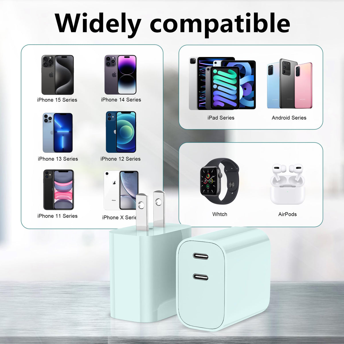 USB C Charger Block 3 Pack, Dual Port 20W Fast Wall Plug (Blue)