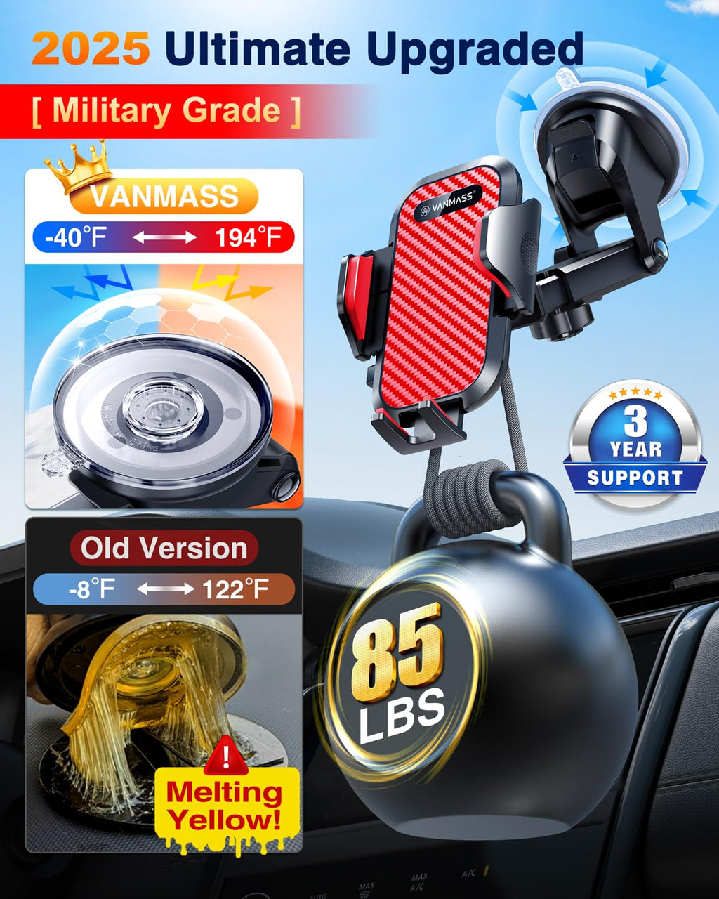 VANMASS Car Phone Holder 2026 Ultimate Military-Grade Strongest Suction & Clip Windshield Dashboard【Newest Best Strongest】 Cell Phone Automotive Dash Gauge Accents for iPhone 18 Pro Max 17 16 15 14