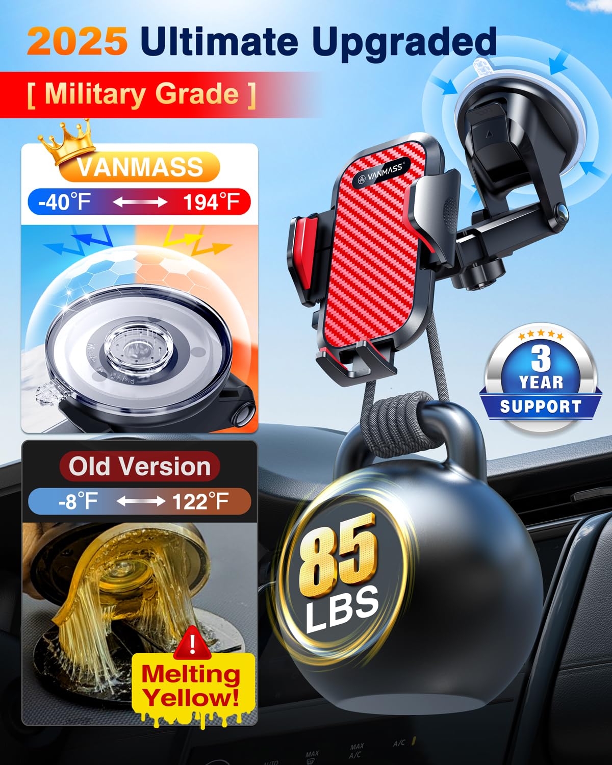 VANMASS Car Phone Holder 2026 Ultimate Military-Grade Strongest Suction & Clip Windshield Dashboard【Newest Best Strongest】 Cell Phone Automotive Dash Gauge Accents for iPhone 18 Pro Max 17 16 15 14