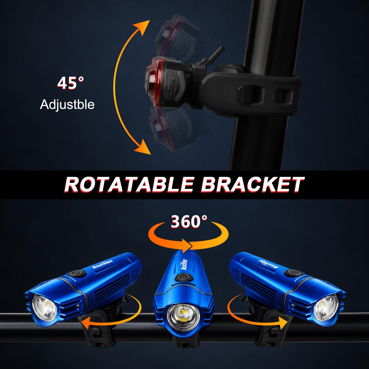 Ascher Ultra Bright USB Rechargeable Bike Light Set, Powerful Bicycle Front Headlight and Back Taillight, 4 Light Modes, Easy to Install for Men Women Kids Road Mountain Cycling