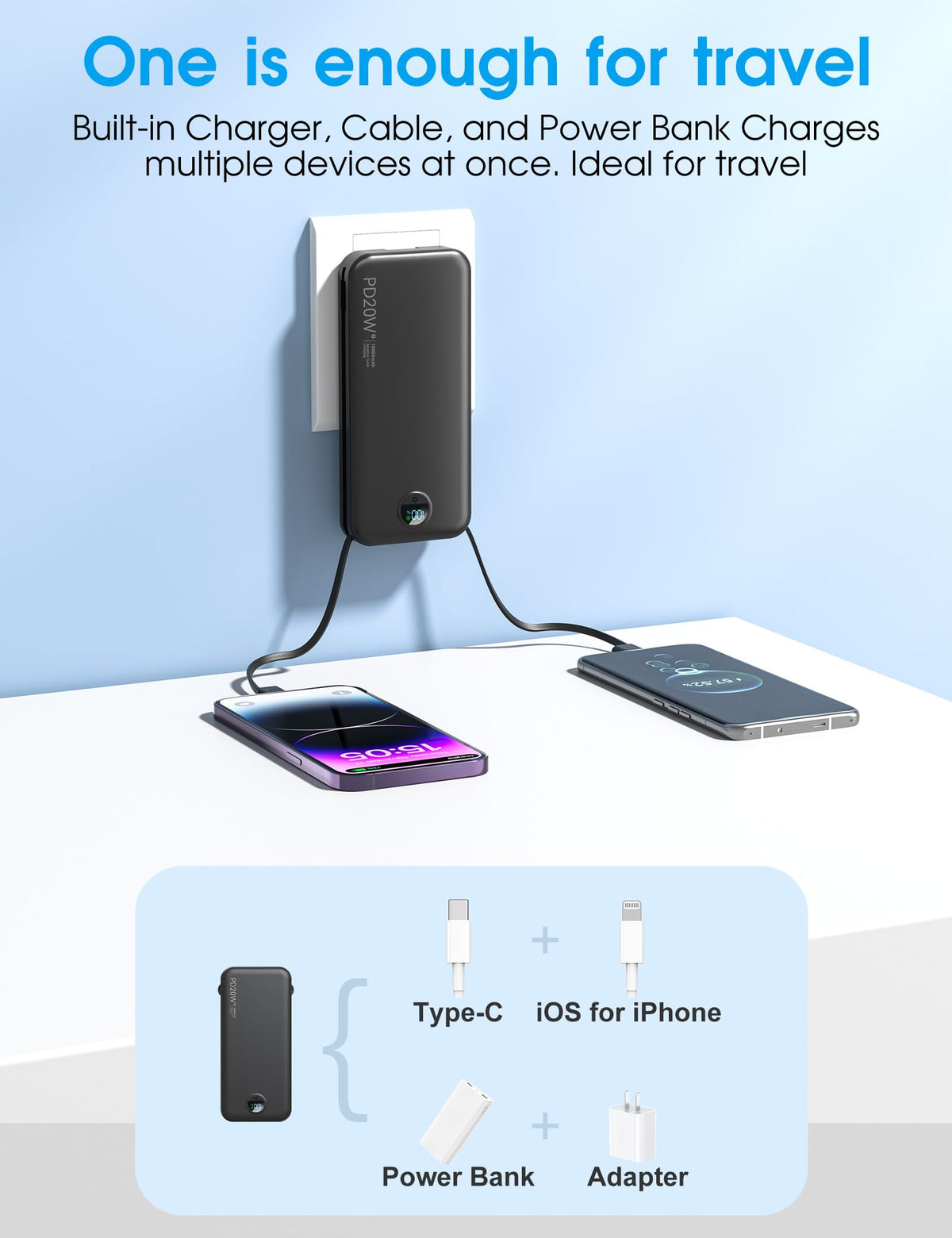 citicr Portable Charger 10000mAh PD20W w/Built-in Cables & Wall Plug Purple