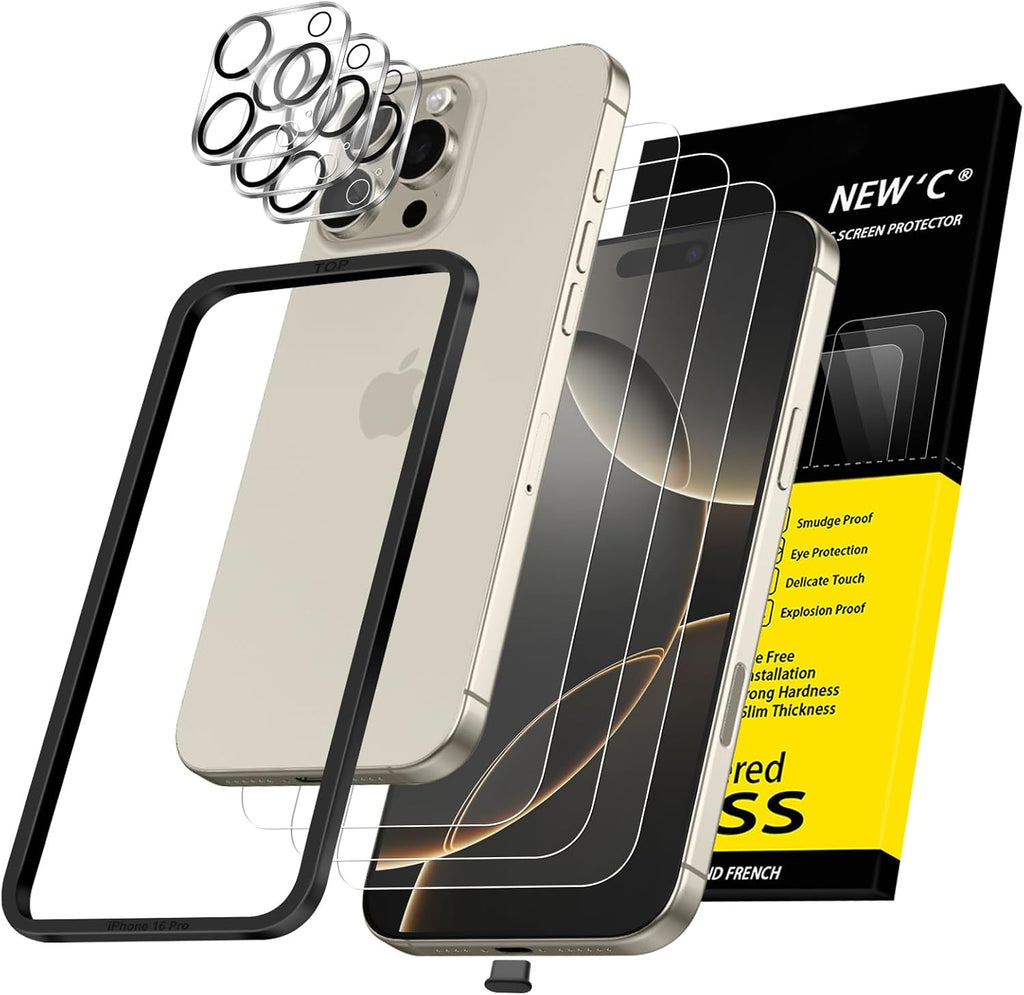 NEW'C for iPhone 16 Pro Screen Protector + Camera Lens Protector + Tool