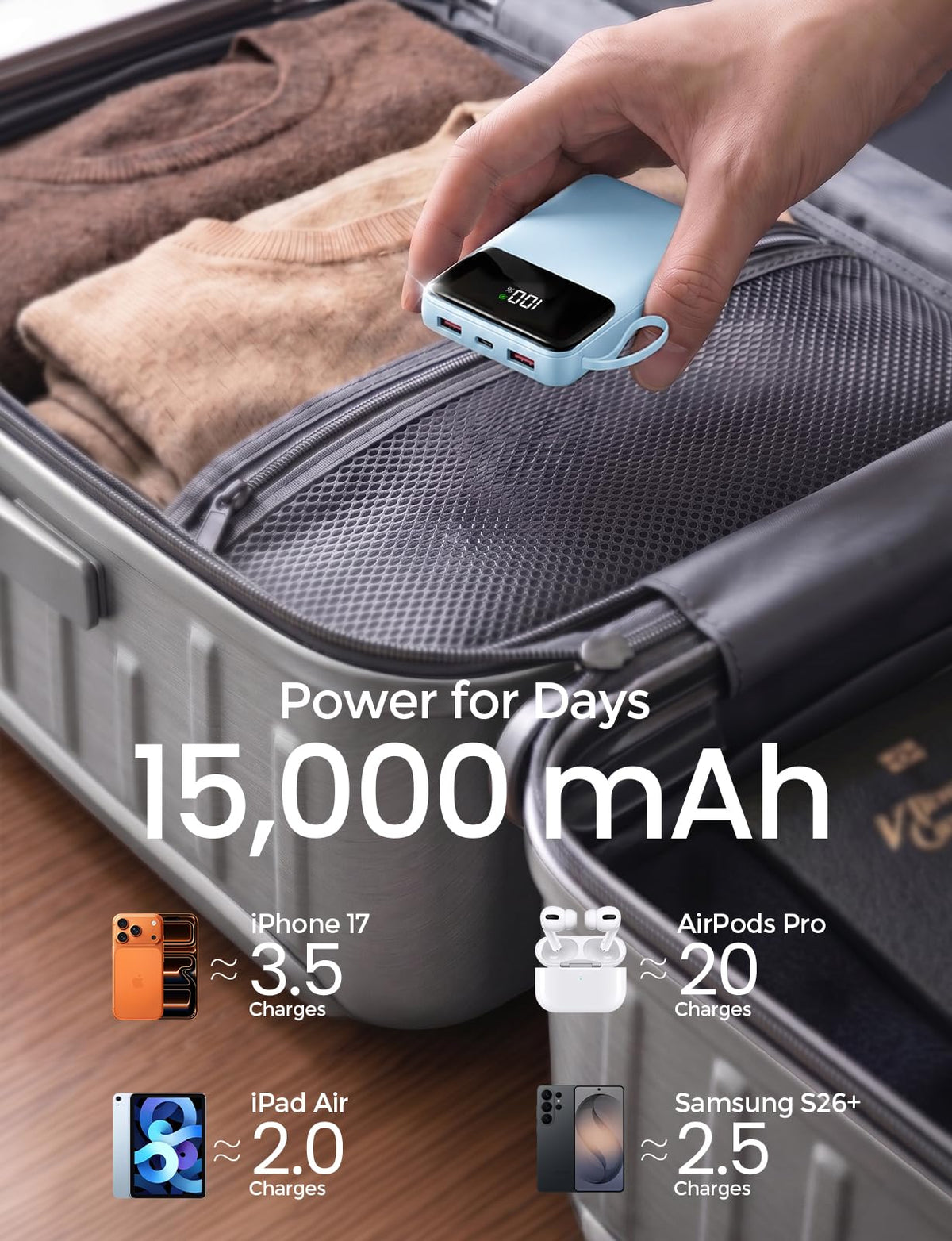 HELLEE 15000mAh Portable Charger Power Bank, 45% Smaller Built-in 4 Cables