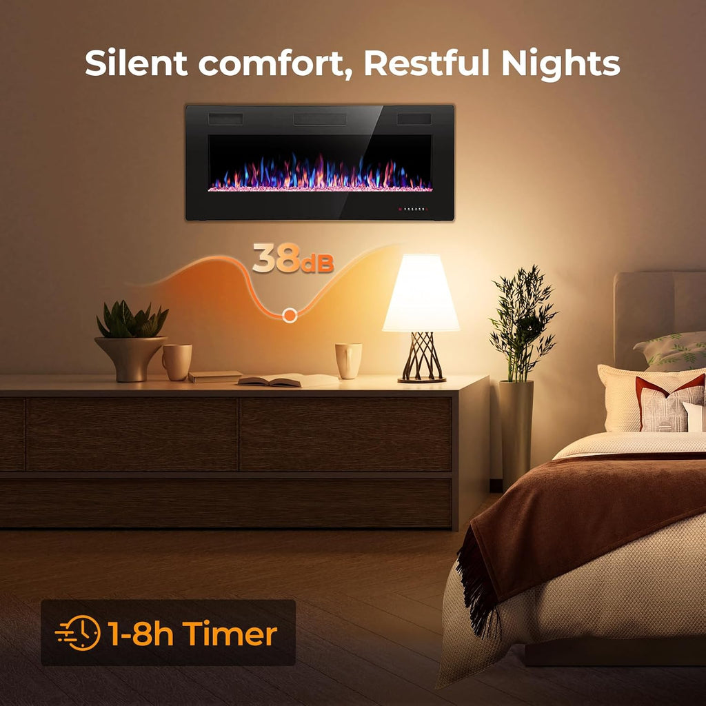 Crzoe 42 Inch Electric Fireplace Insert, in-Wall Recessed and Wall Mounted Heater with Timer, Control by Touch Panel and Remote, Adjustable Flame Color and Speed, 750W/1500W