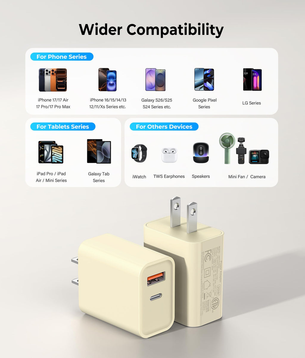 [2 Pack] 20W USB C Charger Block, Fast Charging Dual Port Wall Charger
