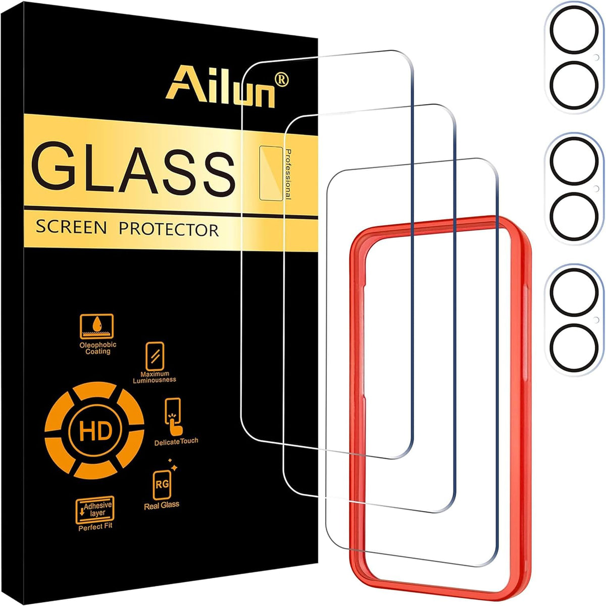 Ailun Screen Protector + Camera Lens Protector for iPhone 16, 3+3 Pack