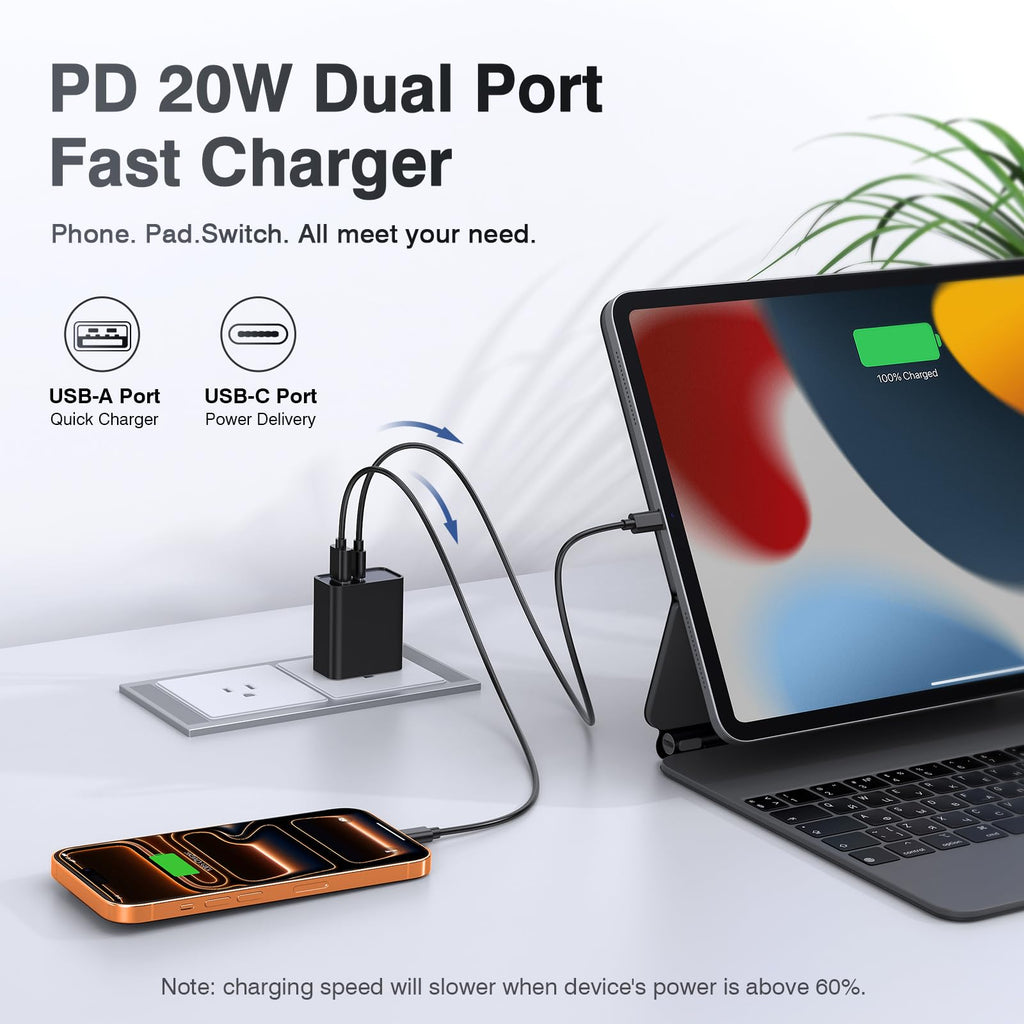 [2 Pack] 20W USB C Charger Block, Fast Charging Dual Port Wall Charger