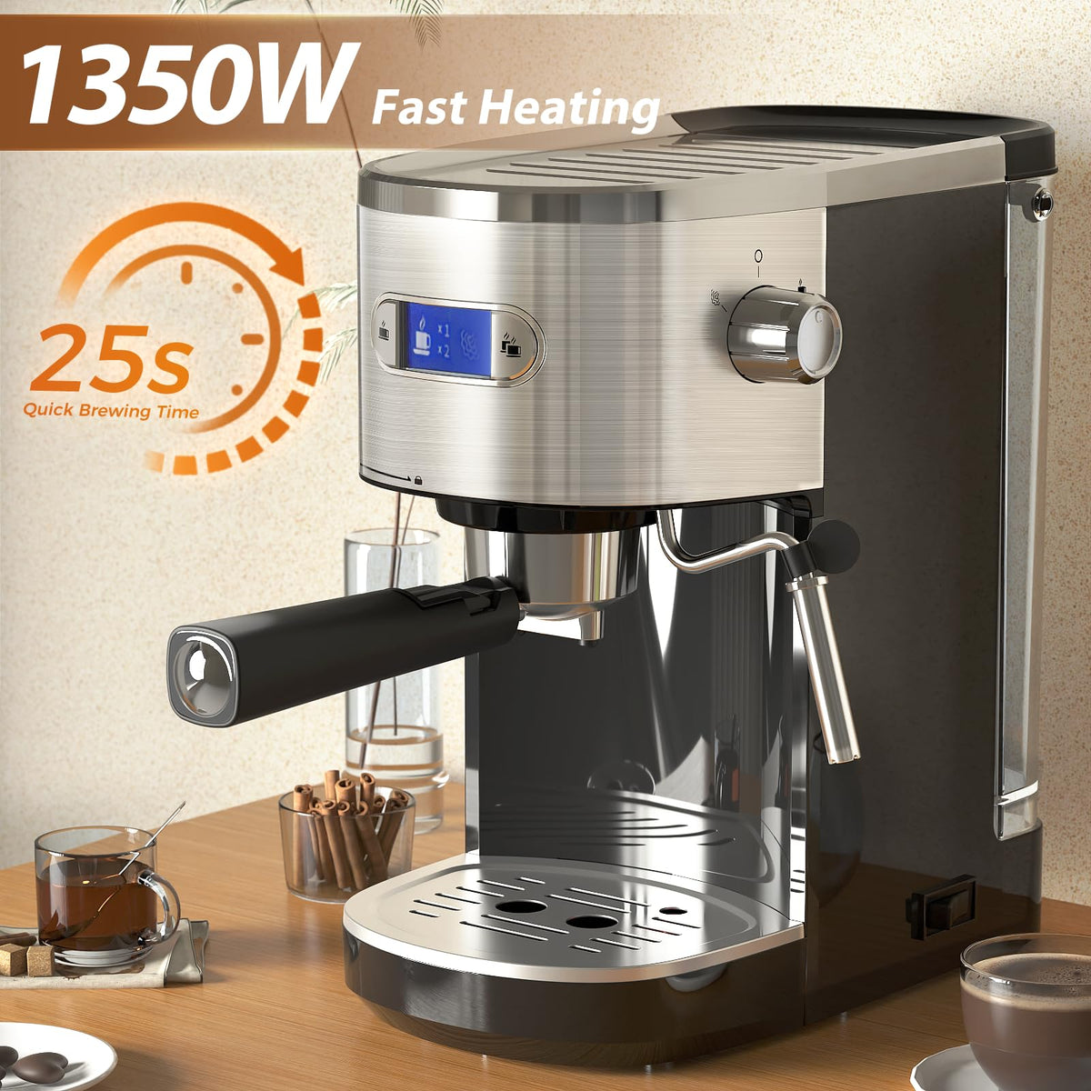 Kismile 20 Bar Stainless Steel Espresso Machine with Steam Milk Frother