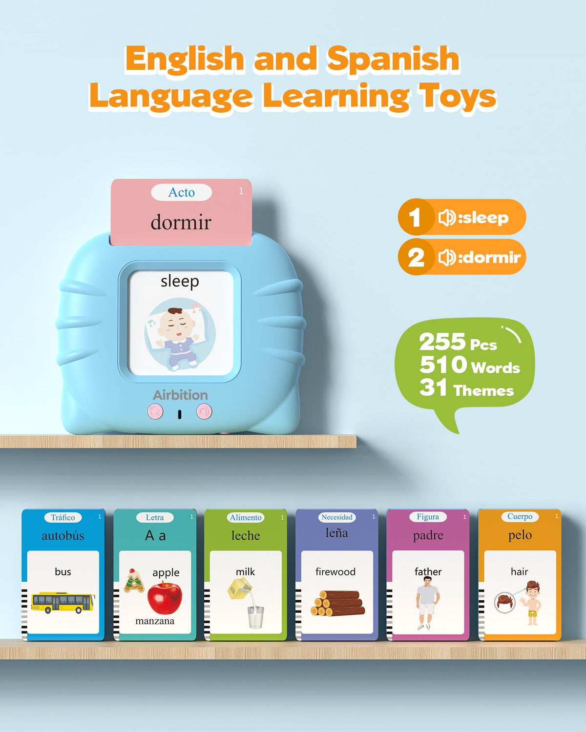 Airbition Talking Flash Cards for Toddlers Ages 1‑4,224 Words English Blue