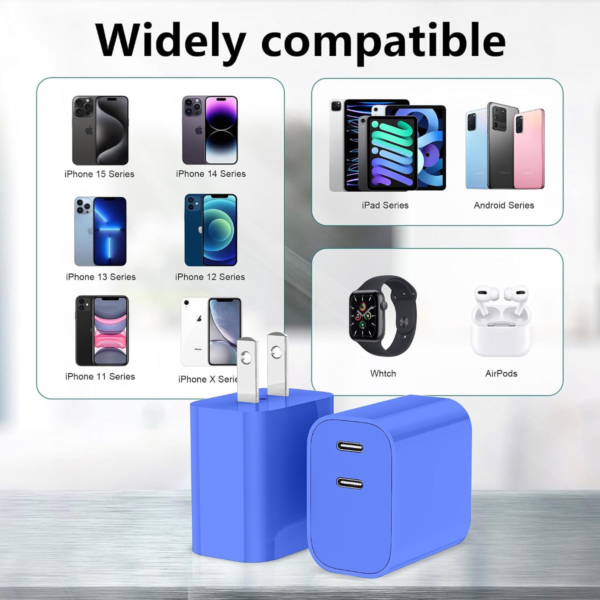 USB C Charger Block 3 Pack, Dual Port 20W Fast Wall Plug (Blue)