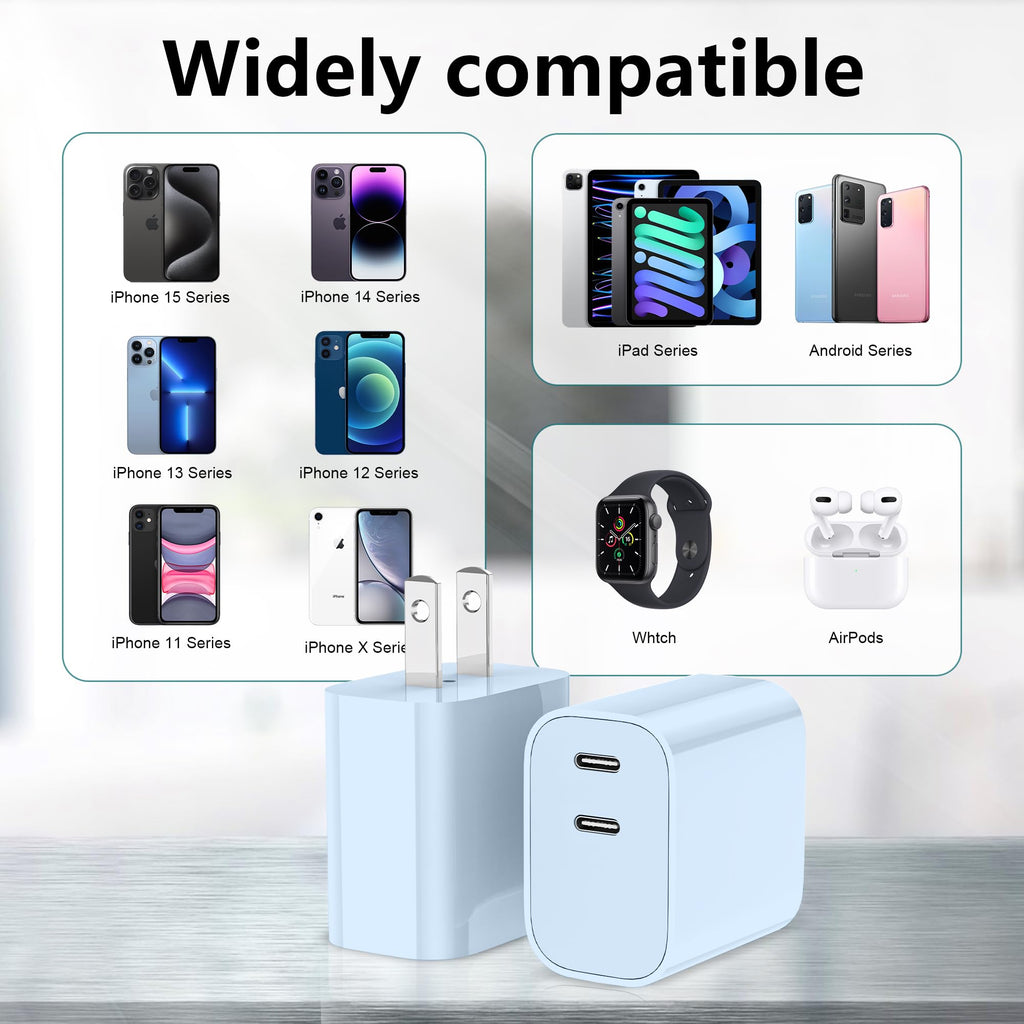 USB C Charger Block 3 Pack, Dual Port 20W Fast Wall Plug (Blue)