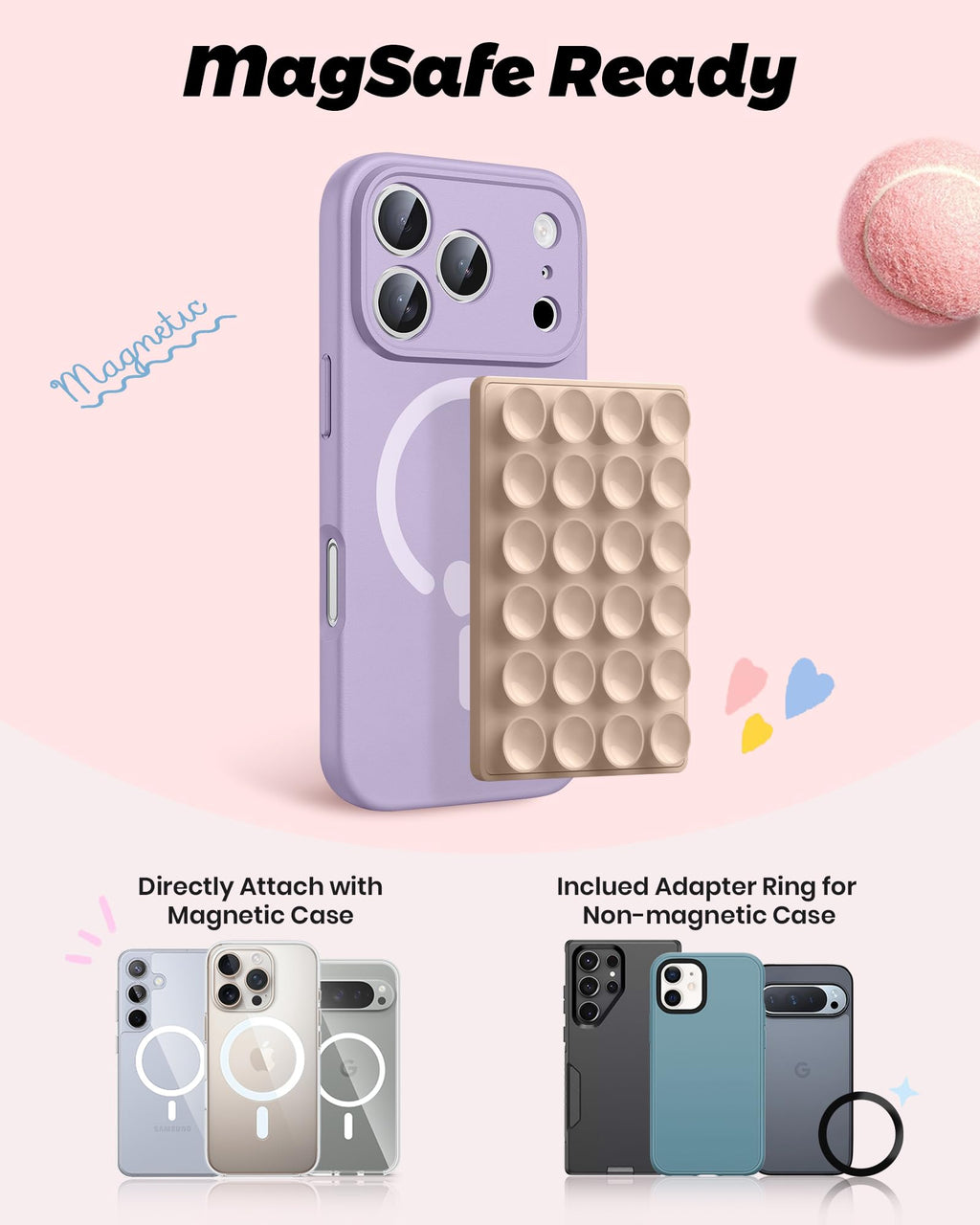 amBand Magnetic Sticky Phone Suction Grip for MagSafe, Removable for Wireless Charging, Durable Magnet Silicone Portable Mount Stand for iPhone 18 17 16 15 14 13 Series, Hands-Free Video/Selfie, Black
