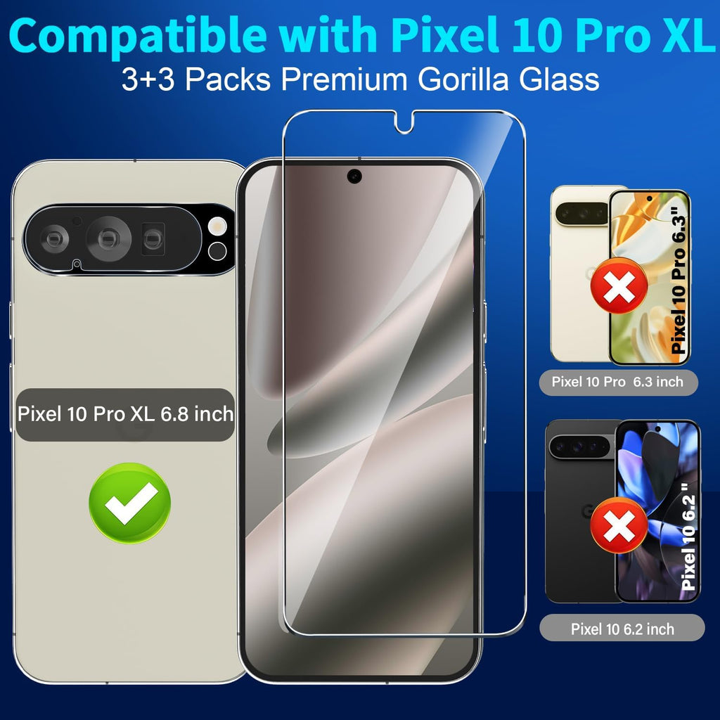 letosan 3 Pack for Google Pixel 11 Pro Screen Protector Tempered Glass + 3 Pack Camera Lens Protector, Military Grade Shatterproof, 9H Hardness, Fingerprint Unlock,Case Friendly 6.3 Inch