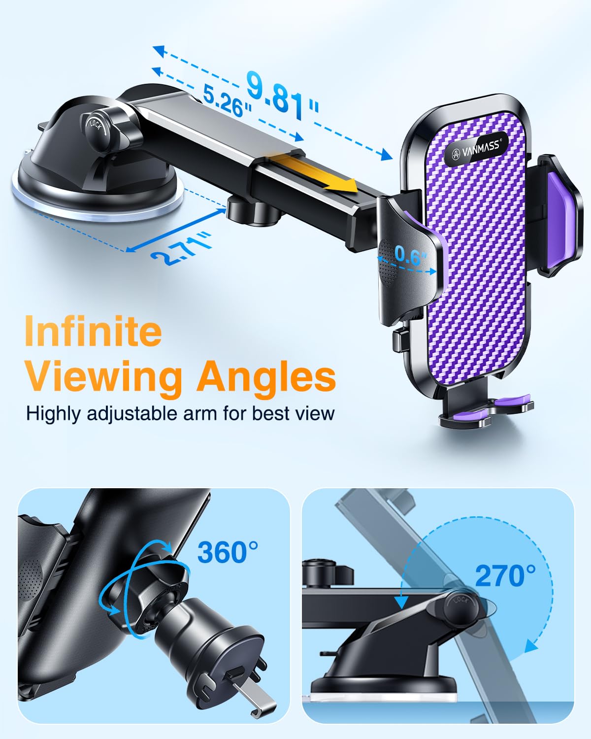 VANMASS Car Phone Holder 2026 Ultimate Military-Grade Strongest Suction & Clip Windshield Dashboard【Newest Best Strongest】 Cell Phone Automotive Dash Gauge Accents for iPhone 18 Pro Max 17 16 15 14