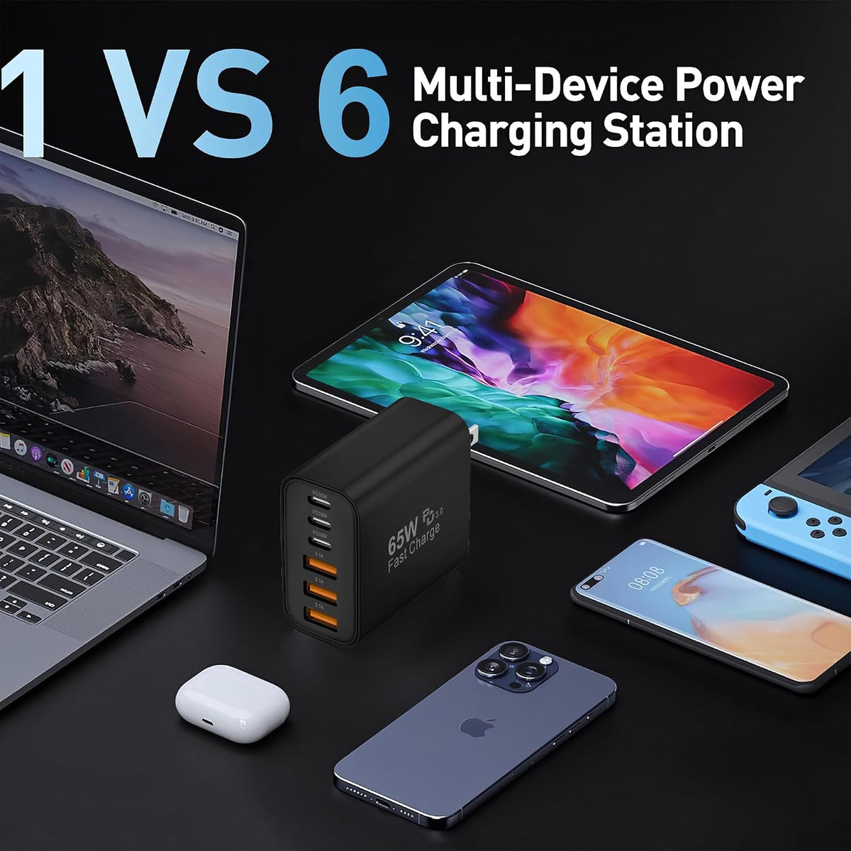 65W USB C Charger Block,6-Port Multi Device Fast Charger PD QC Wall Adapter