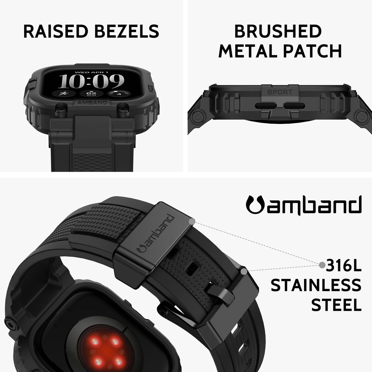 amBand Bands Compatible with Apple Watch 9/8/7/6/5/4 & SE 3/2/1 45mm/44mm Case for Men, M1 Sport Series Rugged Case Protective Cover for iWatch SE3/SE2/6/SE/5/4 44/45 mm Men Black