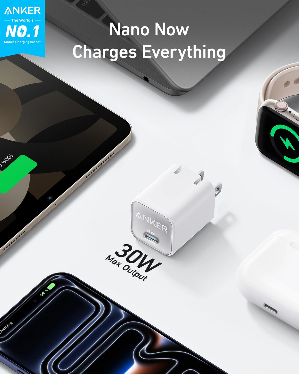 Anker Nano Phone Charger, 30W Portble and Foldable USB C GaN Charger