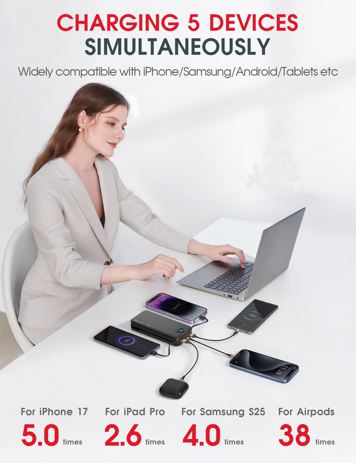 citicr Portable Charger 10000mAh PD20W w/Built-in Cables & Wall Plug Purple