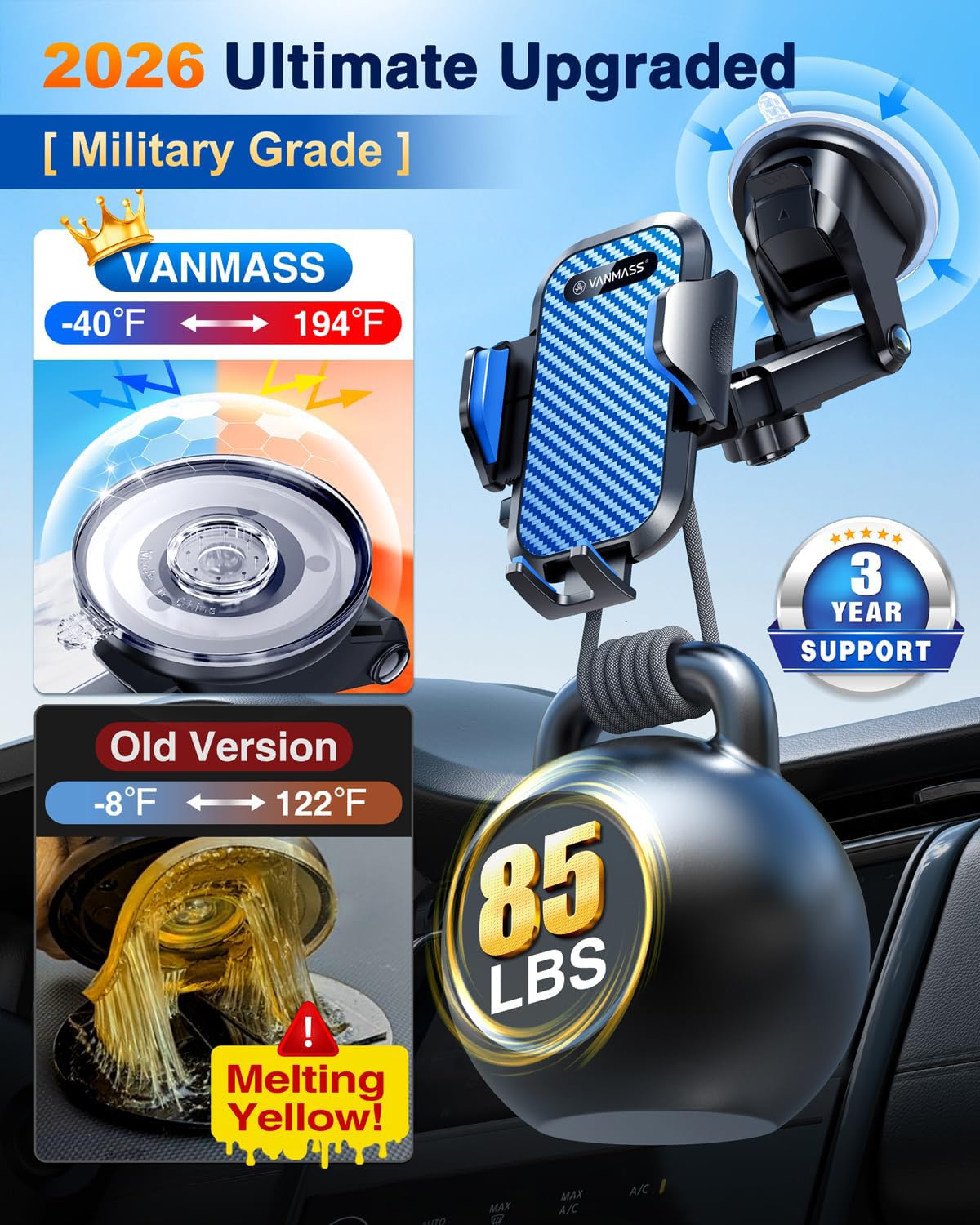 VANMASS Car Phone Holder 2026 Ultimate Military-Grade Strongest Suction & Clip Windshield Dashboard【Newest Best Strongest】 Cell Phone Automotive Dash Gauge Accents for iPhone 18 Pro Max 17 16 15 14