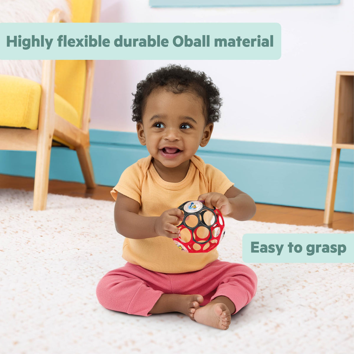 Bright Starts Oball Easy Grasp Classic Ball BPA-Free Infant Toy in Red, Yellow, Green, Blue, Age Newborn and up, 4 Inches