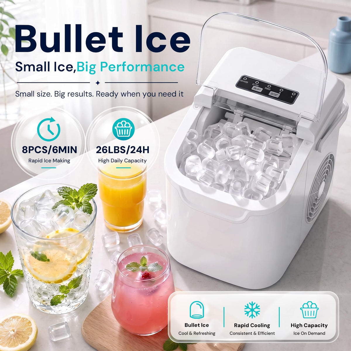Kismile Countertop Ice Maker Machine, 26Lbs/Day Fastest 6‑Min Ice, Black