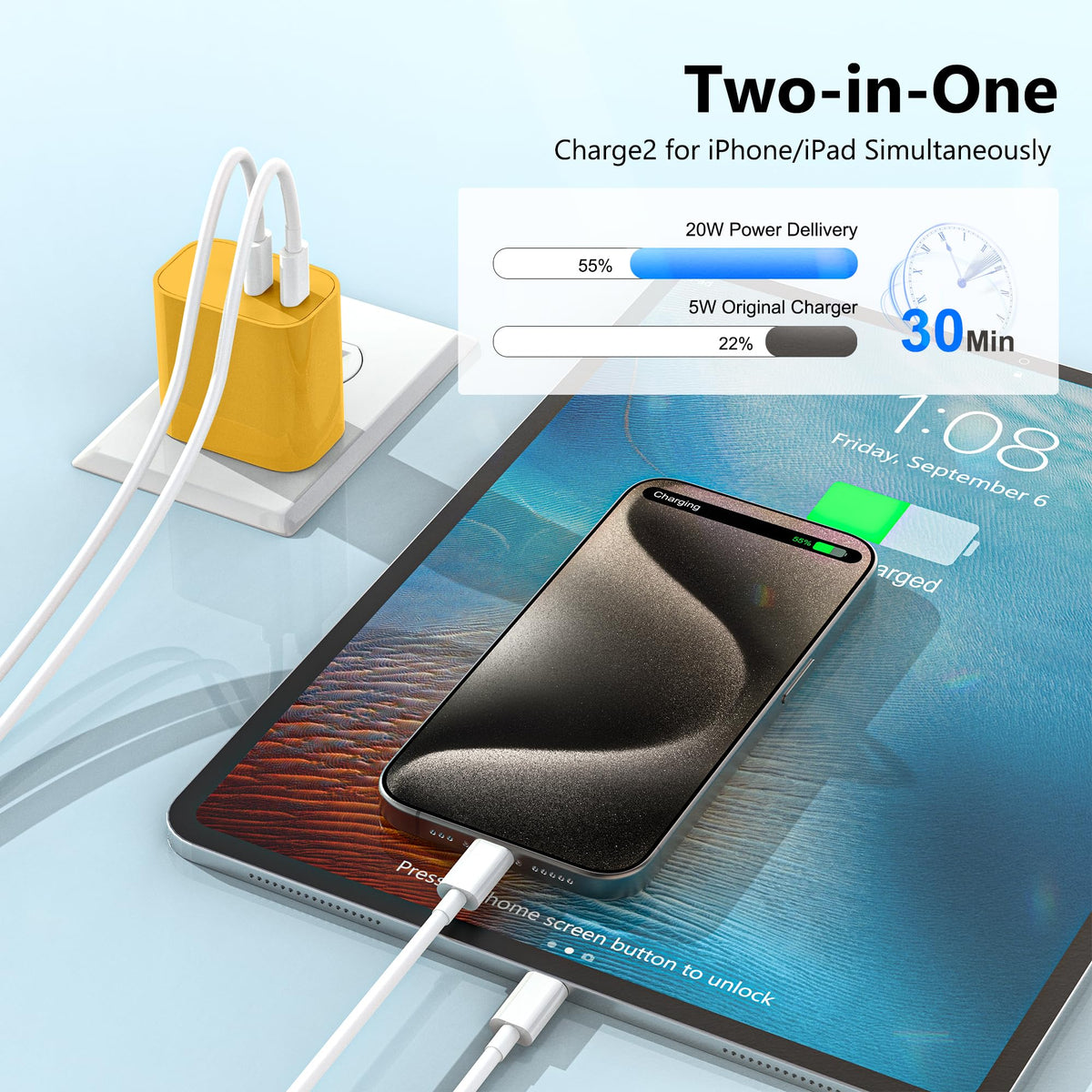 USB C Charger Block 3 Pack, Dual Port 20W Fast Wall Plug (Blue)