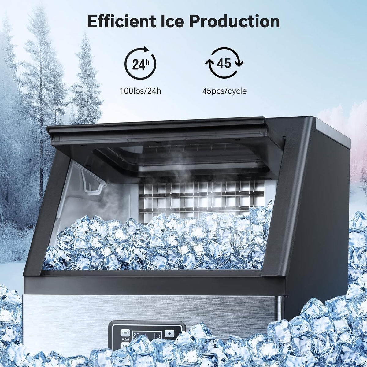 Kismile Commercial Ice Maker 100 lb/24 Hour, Stainless Steel Undercounter Ice Maker, 15 kg Capacity, Self-Cleaning Freestanding Ice Maker Suitable for Home Bars