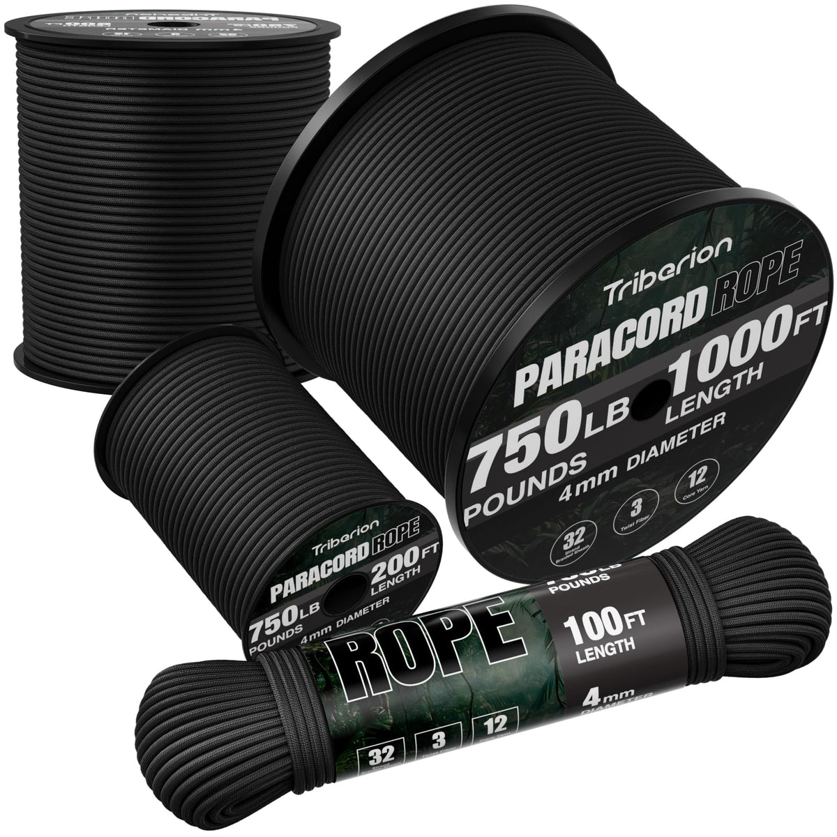 Paracord Rope 750 lb - 50ft 5/32" Parachute Cord 4MM 12-Strand para Cord - Heavy Duty Spool String for Survival,Camping Gear, Survival Bracelet, Clothesline - Black