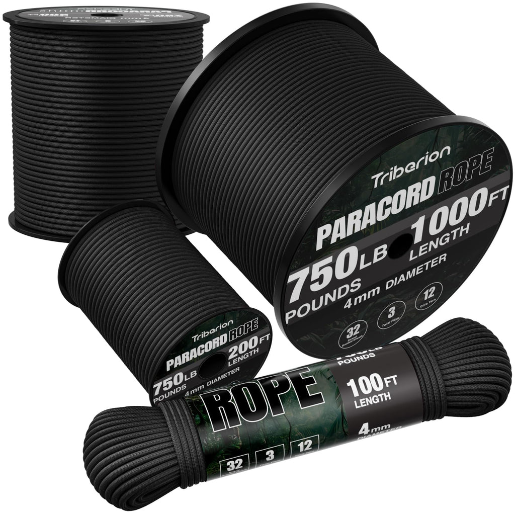 Paracord Rope 750 lb - 50ft 5/32" Parachute Cord 4MM 12-Strand para Cord - Heavy Duty Spool String for Survival,Camping Gear, Survival Bracelet, Clothesline - Black