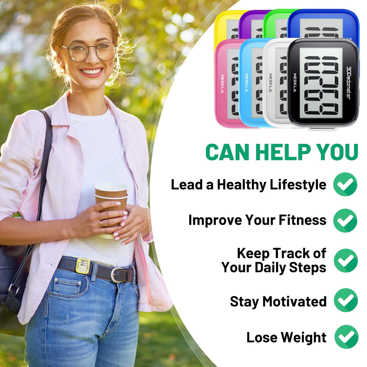3D Pedometer, Simple Step Counter with Large LCD Display for Walking