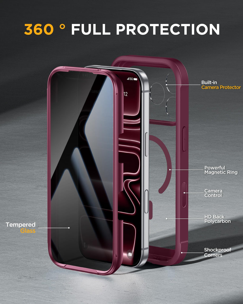 Miracase for iPhone 15 Pro Case 6.1'',with Private Screen Protector,Black