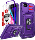 LeYi Compatible for iPhone SE 3rd/ 2nd Generation Case: 7/8/ SE 2022 2020 Phone Cover with Slide Camera Cover+ 2pcs Tempered Glass Screen Protector, Full Body Case with Kickstand for SE, Purple