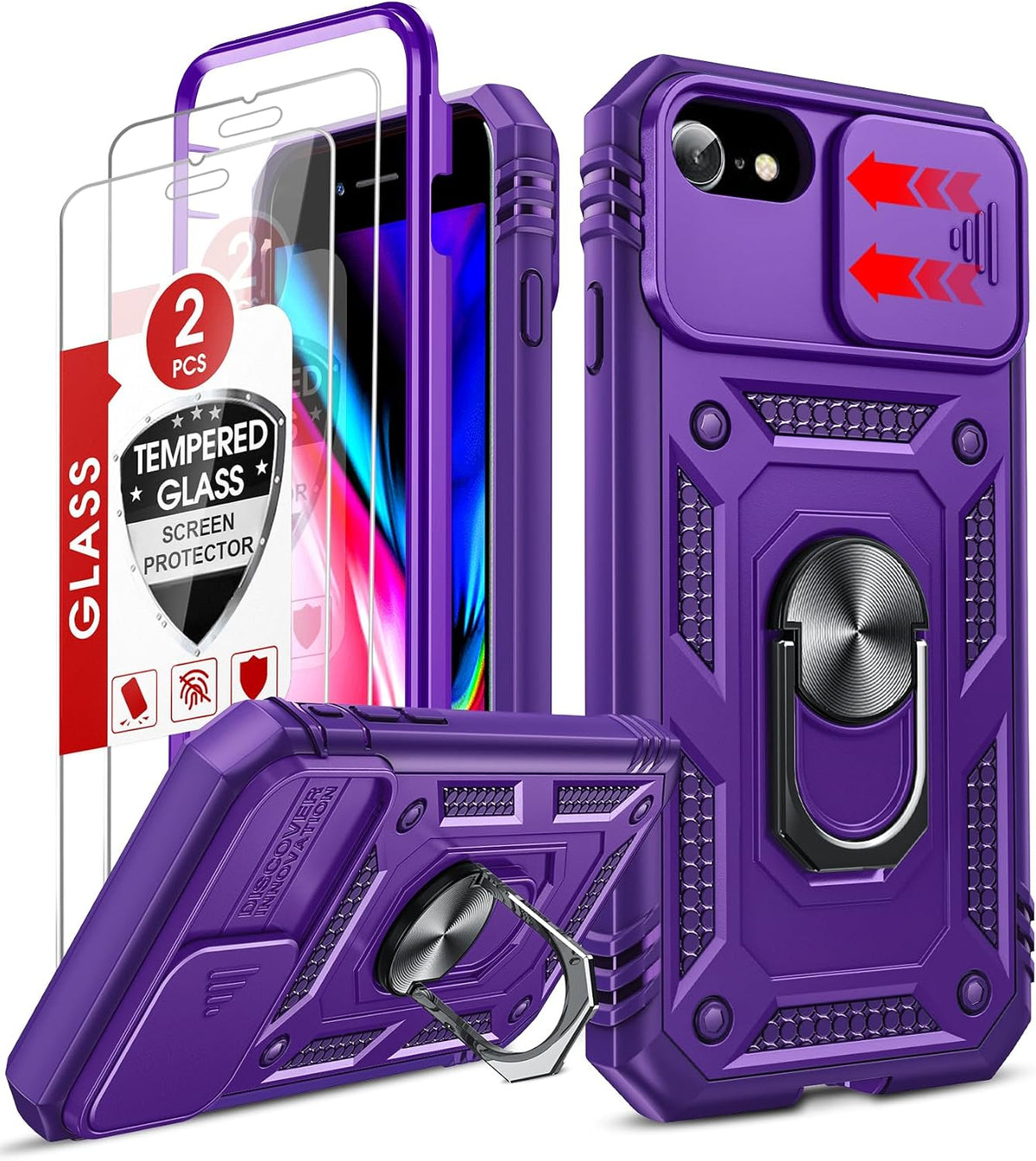 LeYi Compatible for iPhone SE 3rd/ 2nd Generation Case: 7/8/ SE 2022 2020 Phone Cover with Slide Camera Cover+ 2pcs Tempered Glass Screen Protector, Full Body Case with Kickstand for SE, Purple