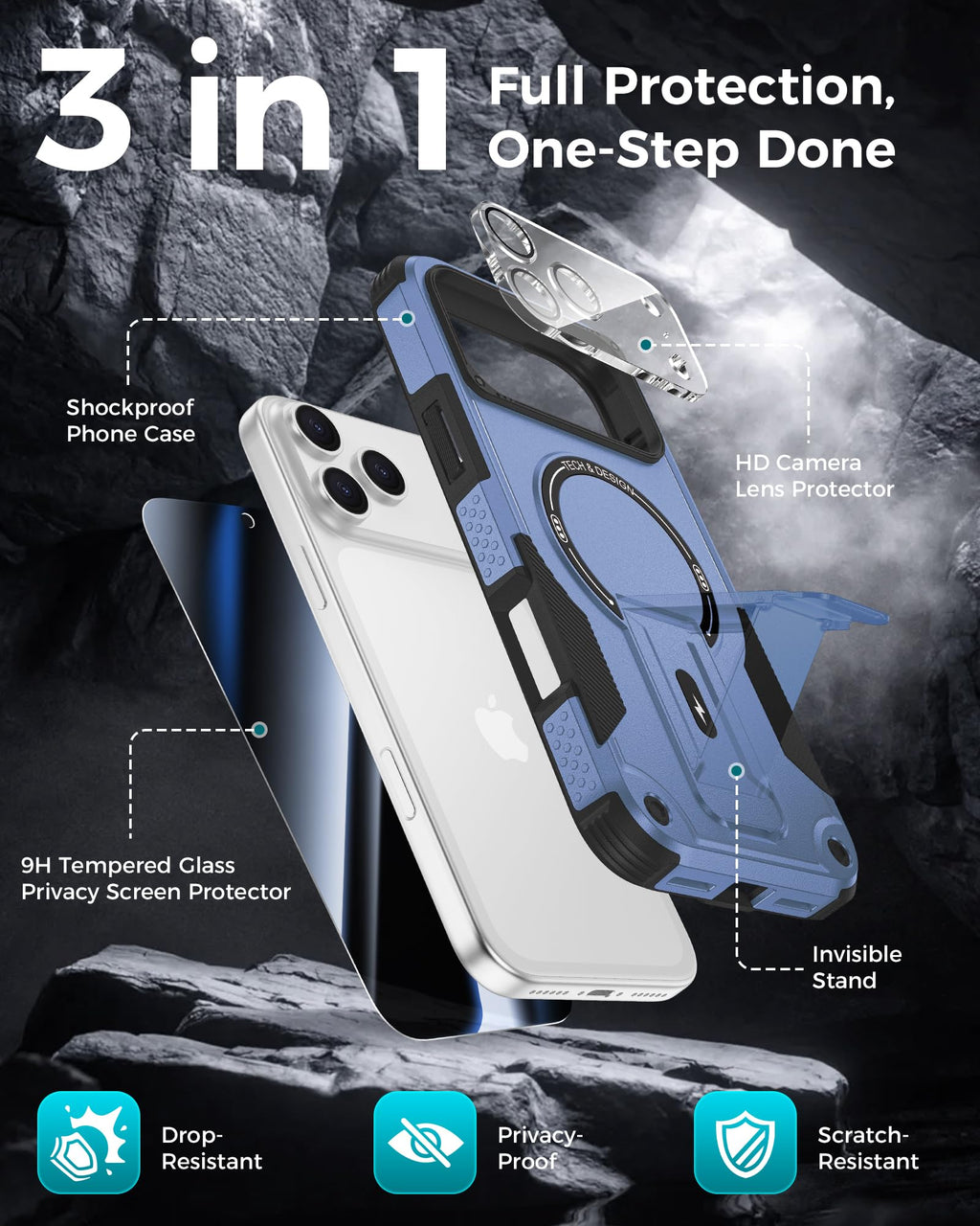 Goton 3 in 1 for iPhone 17 Pro Case with Privacy Screen Protector Blue